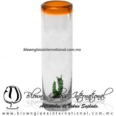 Tequilero Cilíndrico con Gusanito y Borde de Color Naranja, Fábrica de Vidrio Soplado Artesanal, made in México - Blown Glass Factory Store Tonala, Handcraft, Handmade.