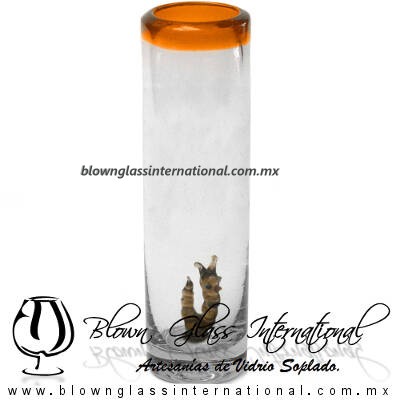 Tequilero Cilíndrico con Gusanito y Borde de Color Naranja, Fábrica de Vidrio Soplado Artesanal, made in México - Blown Glass Factory Store Tonala, Handcraft, Handmade.