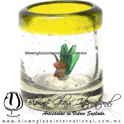 Tequilero Cilíndrico con Agave-Rancherito y Borde de Color Amarillo. Fábrica de Vidrio Soplado Artesanal, made in México - Blown Glass Factory Store Tonala, Handcraft, Handmade.