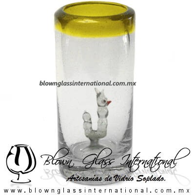 Tequilero Cilíndrico con Gusanito y Borde de Color Amarillo, Fábrica de Vidrio Soplado Artesanal, made in México - Blown Glass Factory Store Tonala, Handcraft, Handmade.