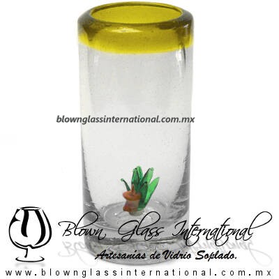 Tequilero Cilíndrico con Agave-Rancherito y Borde de Color Amarillo. Fábrica de Vidrio Soplado Artesanal, made in México - Blown Glass Factory Store Tonala, Handcraft, Handmade.