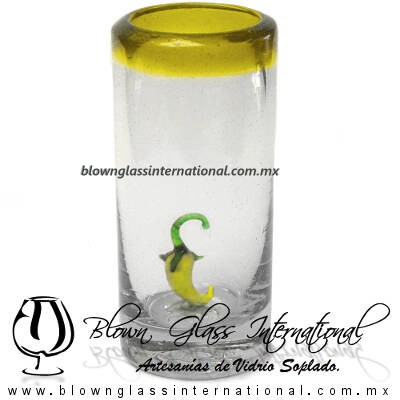 Tequilero Cilíndrico con Chile y Borde de Color Amarillo, Fábrica de Vidrio Soplado Artesanal, made in México - Blown Glass Factory Store Tonala, Handcraft, Handmade.