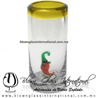 Tequilero Cilíndrico con Chile y Borde de Color Amarillo, Fábrica de Vidrio Soplado Artesanal, made in México - Blown Glass Factory Store Tonala, Handcraft, Handmade.
