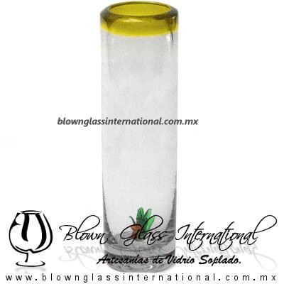 Tequilero Cilíndrico con Agave-Rancherito y Borde de Color Amarillo. Fábrica de Vidrio Soplado Artesanal, made in México - Blown Glass Factory Store Tonala, Handcraft, Handmade.