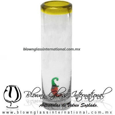 Tequilero Cilíndrico con Chile y Borde de Color Amarillo, Fábrica de Vidrio Soplado Artesanal, made in México - Blown Glass Factory Store Tonala, Handcraft, Handmade.