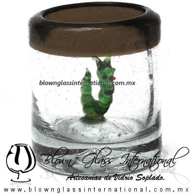 Tequilero Cilíndrico con Gusanito y Borde de Color Chocolate, Fábrica de Vidrio Soplado Artesanal, made in México - Blown Glass Factory Store Tonala, Handcraft, Handmade.