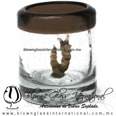Tequilero Cilíndrico con Gusanito y Borde de Color Chocolate, Fábrica de Vidrio Soplado Artesanal, made in México - Blown Glass Factory Store Tonala, Handcraft, Handmade.