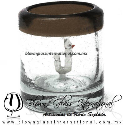 Tequilero Cilíndrico con Gusanito y Borde de Color Chocolate, Fábrica de Vidrio Soplado Artesanal, made in México - Blown Glass Factory Store Tonala, Handcraft, Handmade.