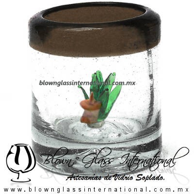Tequilero Cilíndrico con Agave-Rancherito y Borde de Color Chocolate. Fábrica de Vidrio Soplado Artesanal, made in México - Blown Glass Factory Store Tonala, Handcraft, Handmade.