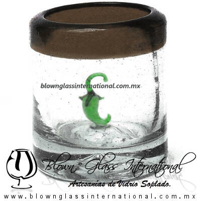 Tequilero Cilíndrico con Chile y Borde de Color Chocolate, Fábrica de Vidrio Soplado Artesanal, made in México - Blown Glass Factory Store Tonala, Handcraft, Handmade.