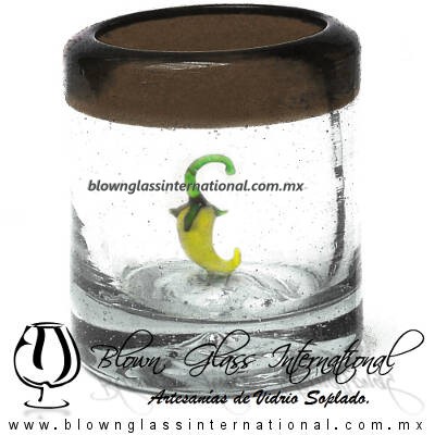 Tequilero Cilíndrico con Chile y Borde de Color Chocolate, Fábrica de Vidrio Soplado Artesanal, made in México - Blown Glass Factory Store Tonala, Handcraft, Handmade.