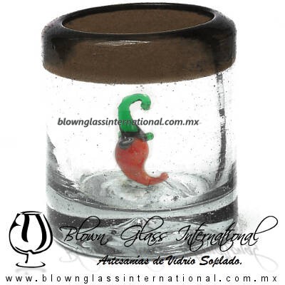 Tequilero Cilíndrico con Chile y Borde de Color Chocolate, Fábrica de Vidrio Soplado Artesanal, made in México - Blown Glass Factory Store Tonala, Handcraft, Handmade.