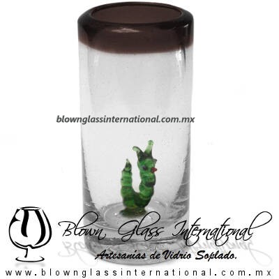 Tequilero Cilíndrico con Gusanito y Borde de Color Chocolate, Fábrica de Vidrio Soplado Artesanal, made in México - Blown Glass Factory Store Tonala, Handcraft, Handmade.