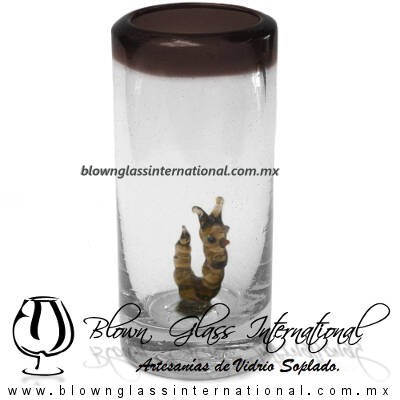 Tequilero Cilíndrico con Gusanito y Borde de Color Chocolate, Fábrica de Vidrio Soplado Artesanal, made in México - Blown Glass Factory Store Tonala, Handcraft, Handmade.