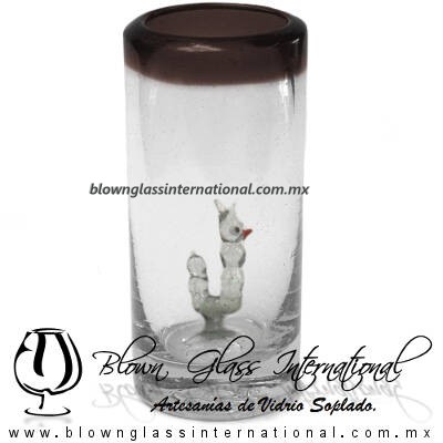 Tequilero Cilíndrico con Gusanito y Borde de Color Chocolate, Fábrica de Vidrio Soplado Artesanal, made in México - Blown Glass Factory Store Tonala, Handcraft, Handmade.