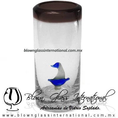 Tequilero Cilíndrico con Barco Velero y Borde de Color Chocolate, Fábrica de Vidrio Soplado Artesanal, made in México - Blown Glass Factory Store Tonala, Handcraft, Handmade. Tequilero Cilíndrico con Barco Velero y Borde de Color Chocolate, Fábrica de Vidrio Soplado Artesanal, made in México - Blown Glass Factory Store Tonala, Handcraft, Handmade.