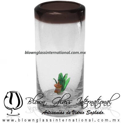 Tequilero Cilíndrico con Agave-Rancherito y Borde de Color Chocolate. Fábrica de Vidrio Soplado Artesanal, made in México - Blown Glass Factory Store Tonala, Handcraft, Handmade.