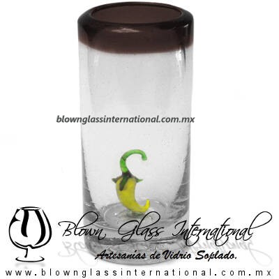 Tequilero Cilíndrico con Chile y Borde de Color Chocolate, Fábrica de Vidrio Soplado Artesanal, made in México - Blown Glass Factory Store Tonala, Handcraft, Handmade.