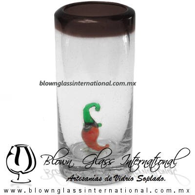 Tequilero Cilíndrico con Chile y Borde de Color Chocolate, Fábrica de Vidrio Soplado Artesanal, made in México - Blown Glass Factory Store Tonala, Handcraft, Handmade.