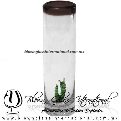 Tequilero Cilíndrico con Gusanito y Borde de Color Chocolate, Fábrica de Vidrio Soplado Artesanal, made in México - Blown Glass Factory Store Tonala, Handcraft, Handmade.