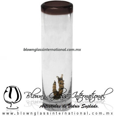 Tequilero Cilíndrico con Gusanito y Borde de Color Chocolate, Fábrica de Vidrio Soplado Artesanal, made in México - Blown Glass Factory Store Tonala, Handcraft, Handmade.