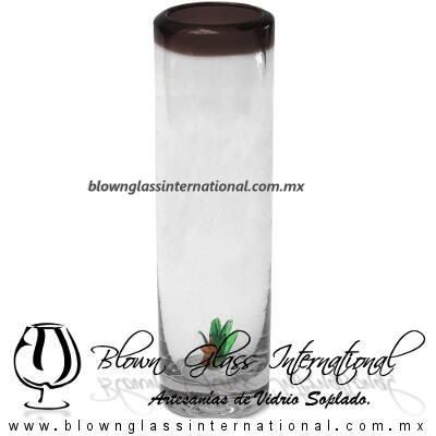 Tequilero Cilíndrico con Agave-Rancherito y Borde de Color Chocolate. Fábrica de Vidrio Soplado Artesanal, made in México - Blown Glass Factory Store Tonala, Handcraft, Handmade.
