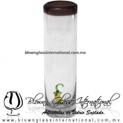 Tequilero Cilíndrico con Chile y Borde de Color Chocolate, Fábrica de Vidrio Soplado Artesanal, made in México - Blown Glass Factory Store Tonala, Handcraft, Handmade.