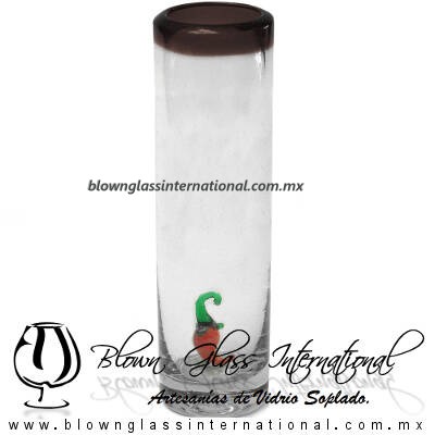Tequilero Cilíndrico con Chile y Borde de Color Chocolate, Fábrica de Vidrio Soplado Artesanal, made in México - Blown Glass Factory Store Tonala, Handcraft, Handmade.