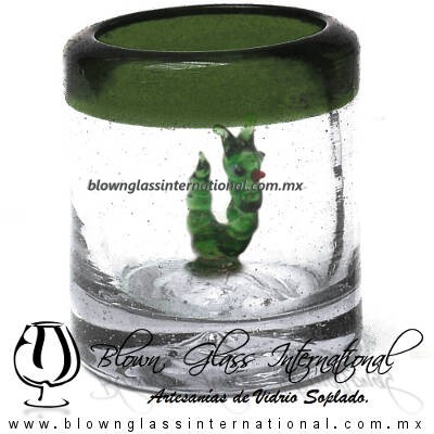 Tequilero Cilíndrico con Gusanito y Borde de Color Verde Olivo, Fábrica de Vidrio Soplado Artesanal, made in México - Blown Glass Factory Store Tonala, Handcraft, Handmade.