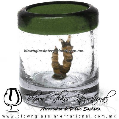Tequilero Cilíndrico con Gusanito y Borde de Color Verde Olivo, Fábrica de Vidrio Soplado Artesanal, made in México - Blown Glass Factory Store Tonala, Handcraft, Handmade.