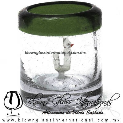 Tequilero Cilíndrico con Gusanito y Borde de Color Verde Olivo, Fábrica de Vidrio Soplado Artesanal, made in México - Blown Glass Factory Store Tonala, Handcraft, Handmade.