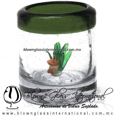 Tequilero Cilíndrico con Agave-Rancherito y Borde de Color Verde Olivo. Fábrica de Vidrio Soplado Artesanal, made in México - Blown Glass Factory Store Tonala, Handcraft, Handmade.