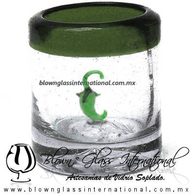 Tequilero Cilíndrico con Chile y Borde de Color Verde Olivo, Fábrica de Vidrio Soplado Artesanal, made in México - Blown Glass Factory Store Tonala, Handcraft, Handmade.