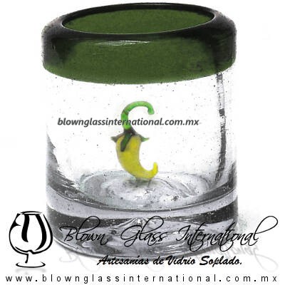 Tequilero Cilíndrico con Chile y Borde de Color Verde Olivo, Fábrica de Vidrio Soplado Artesanal, made in México - Blown Glass Factory Store Tonala, Handcraft, Handmade.