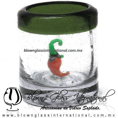 Tequilero Cilíndrico con Chile y Borde de Color Verde Olivo, Fábrica de Vidrio Soplado Artesanal, made in México - Blown Glass Factory Store Tonala, Handcraft, Handmade.