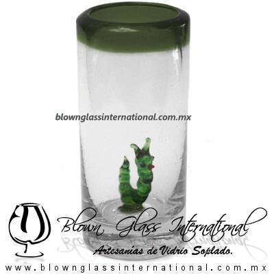 Tequilero Cilíndrico con Gusanito y Borde de Color Verde Olivo, Fábrica de Vidrio Soplado Artesanal, made in México - Blown Glass Factory Store Tonala, Handcraft, Handmade.