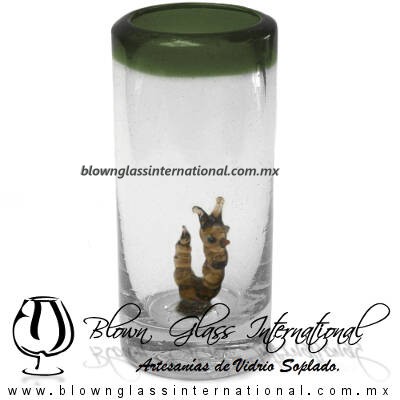 Tequilero Cilíndrico con Gusanito y Borde de Color Verde Olivo, Fábrica de Vidrio Soplado Artesanal, made in México - Blown Glass Factory Store Tonala, Handcraft, Handmade.