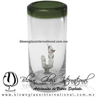 Tequilero Cilíndrico con Gusanito y Borde de Color Verde Olivo, Fábrica de Vidrio Soplado Artesanal, made in México - Blown Glass Factory Store Tonala, Handcraft, Handmade.
