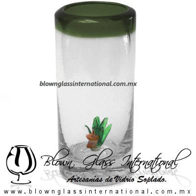 Tequilero Cilíndrico con Agave-Rancherito y Borde de Color Verde Olivo. Fábrica de Vidrio Soplado Artesanal, made in México - Blown Glass Factory Store Tonala, Handcraft, Handmade.