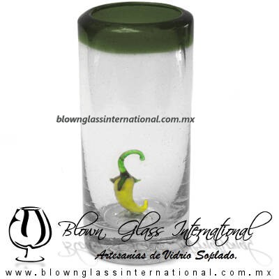 Tequilero Cilíndrico con Chile y Borde de Color Verde Olivo, Fábrica de Vidrio Soplado Artesanal, made in México - Blown Glass Factory Store Tonala, Handcraft, Handmade.