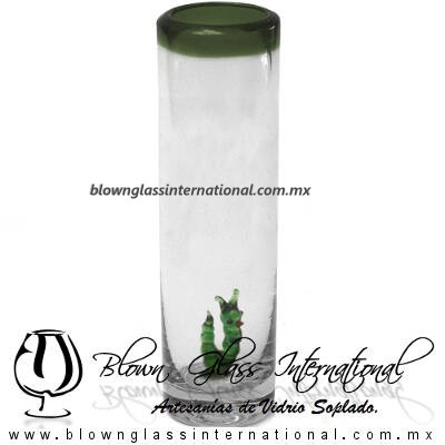 Tequilero Cilíndrico con Gusanito y Borde de Color Verde Olivo, Fábrica de Vidrio Soplado Artesanal, made in México - Blown Glass Factory Store Tonala, Handcraft, Handmade.