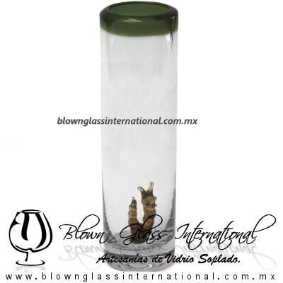 Tequilero Cilíndrico con Gusanito y Borde de Color Verde Olivo, Fábrica de Vidrio Soplado Artesanal, made in México - Blown Glass Factory Store Tonala, Handcraft, Handmade.