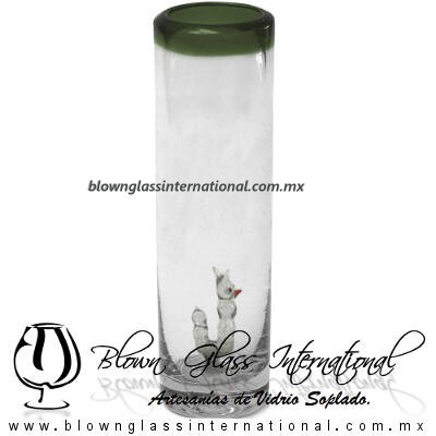 Tequilero Cilíndrico con Gusanito y Borde de Color Verde Olivo, Fábrica de Vidrio Soplado Artesanal, made in México - Blown Glass Factory Store Tonala, Handcraft, Handmade.