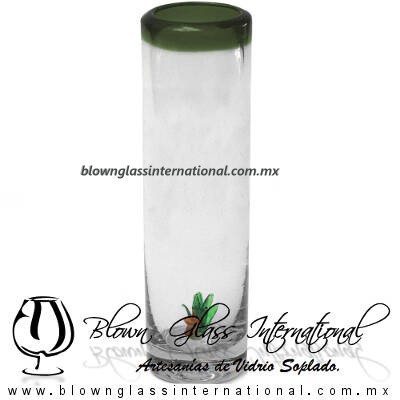 Tequilero Cilíndrico con Agave-Rancherito y Borde de Color Verde Olivo. Fábrica de Vidrio Soplado Artesanal, made in México - Blown Glass Factory Store Tonala, Handcraft, Handmade.