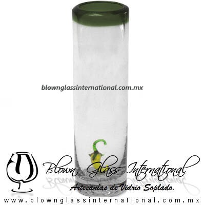 Tequilero Cilíndrico con Chile y Borde de Color Verde Olivo, Fábrica de Vidrio Soplado Artesanal, made in México - Blown Glass Factory Store Tonala, Handcraft, Handmade.