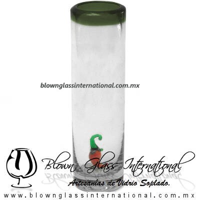 Tequilero Cilíndrico con Chile y Borde de Color Verde Olivo, Fábrica de Vidrio Soplado Artesanal, made in México - Blown Glass Factory Store Tonala, Handcraft, Handmade.