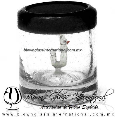 Tequilero Cilíndrico con Gusanito y Borde de Color Negro, Fábrica de Vidrio Soplado Artesanal, made in México - Blown Glass Factory Store Tonala, Handcraft, Handmade.