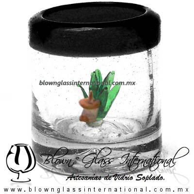 Tequilero Cilíndrico con Agave-Rancherito y Borde de Color Negro. Fábrica de Vidrio Soplado Artesanal, made in México - Blown Glass Factory Store Tonala, Handcraft, Handmade.