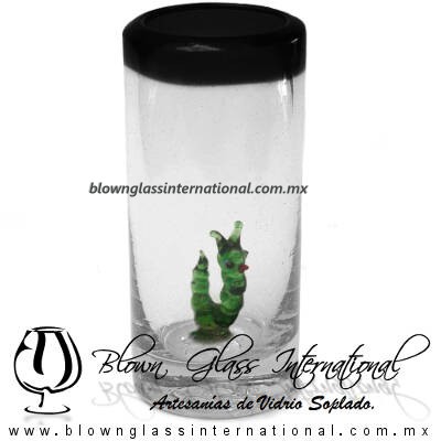 Tequilero Cilíndrico con Gusanito y Borde de Color Negro, Fábrica de Vidrio Soplado Artesanal, made in México - Blown Glass Factory Store Tonala, Handcraft, Handmade.