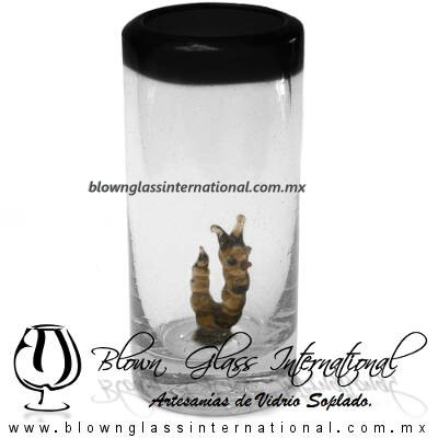 Tequilero Cilíndrico con Gusanito y Borde de Color Negro, Fábrica de Vidrio Soplado Artesanal, made in México - Blown Glass Factory Store Tonala, Handcraft, Handmade.